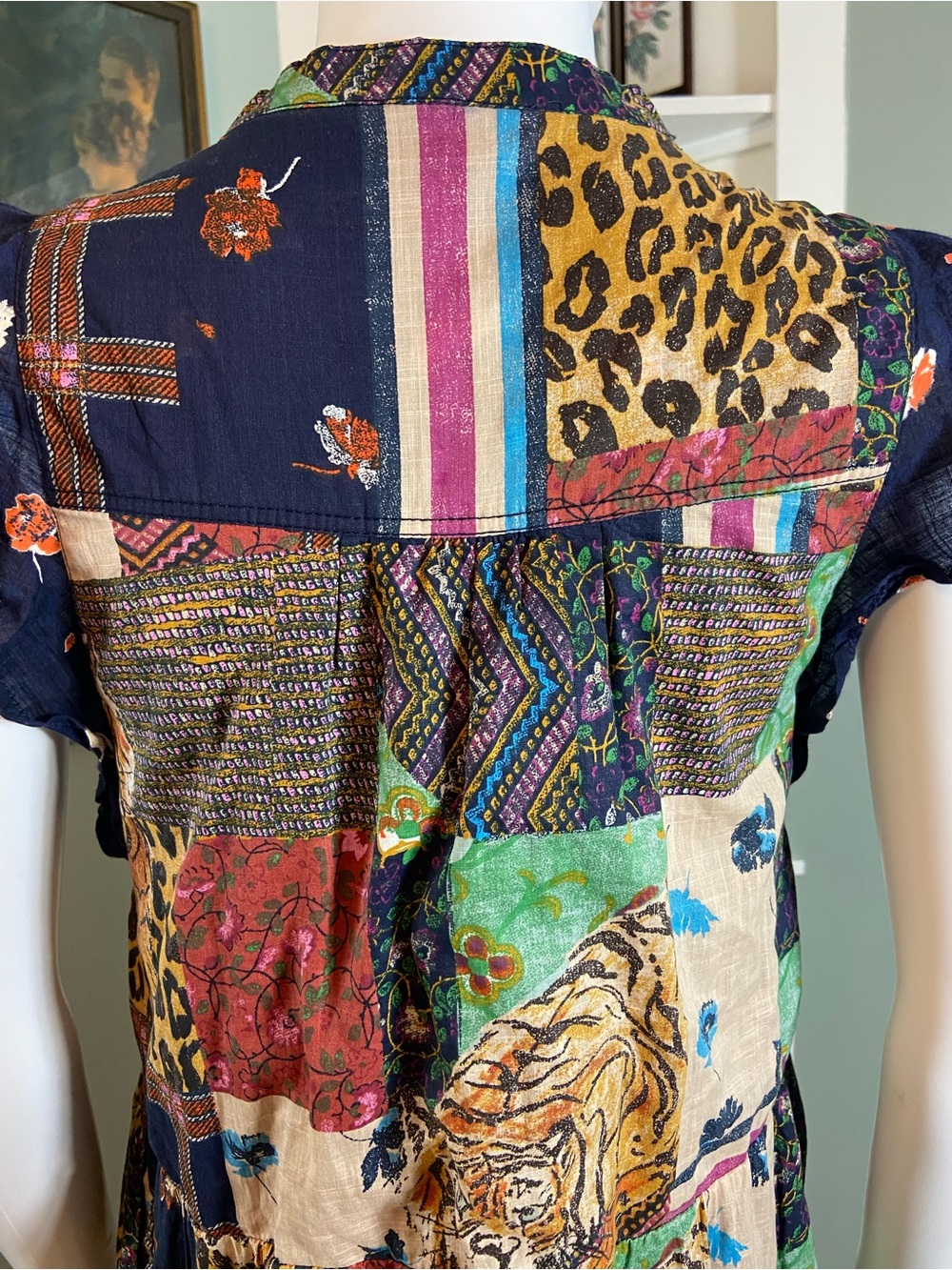 Pilcro Patchwork Tiger Leopard Tiered Mini Babydoll Dress XSmall XS - Picture 13 of 15